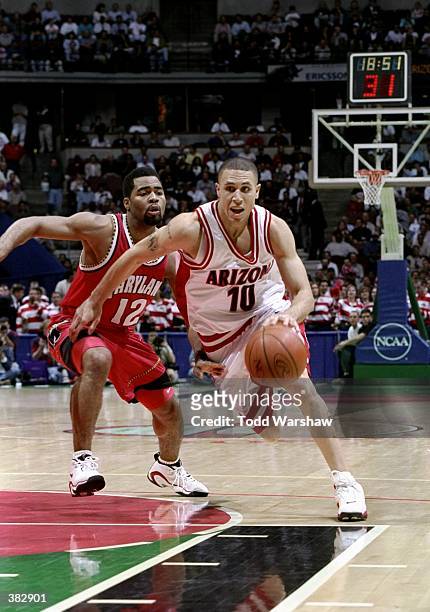 Guard Mike Bibby of the Arizona Wildcats in action against guard Terrell Stokes of the Maryland Terrapins during an NCAA Tournament game at Arrowhead...