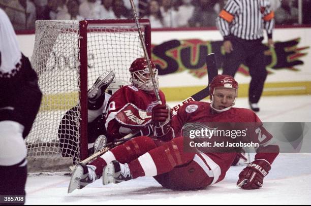 Defenseman Viacheslav Fetisov of the Detroit Red Wings in action during the Western Conference Quarter Finals game 3 against the Phoenix Coyotes at...