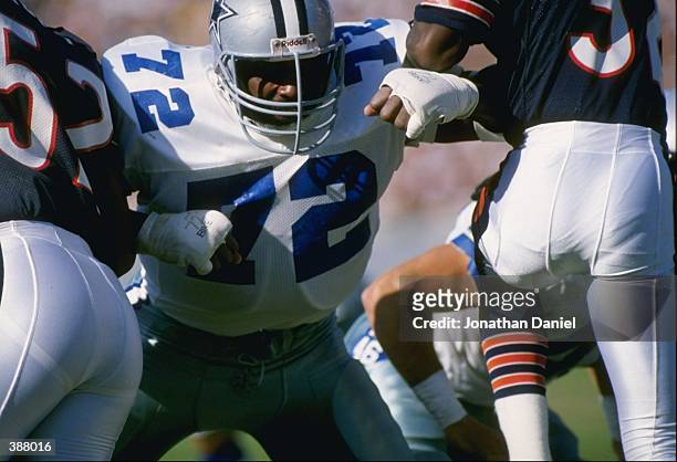 Defensive lineman Ed Jones of the Dallas Cowboys in action during a game against the Chicago Bears at Soldier Field in Chicago, Illinois. The Bears...