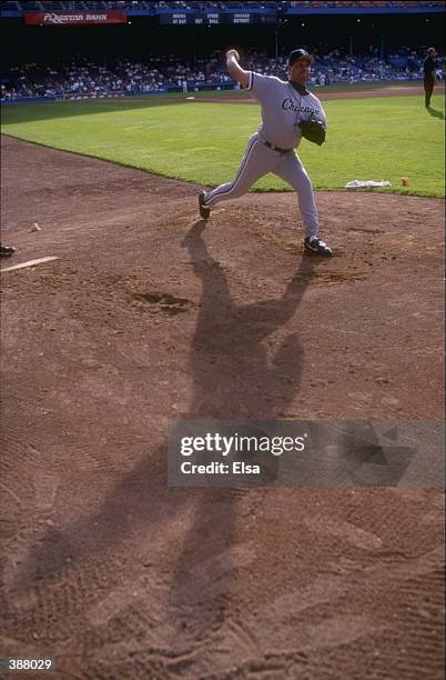 Jamie Navarro of the Chicago White Sox in action during a game against the Detroit Tigers at the Tiger Stadium in Detroit, Michigan. The Tigers...