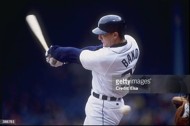 Catcher Paul Bako of the Detroit Tigers in action during a game against the Texas Rangers at Tiger Stadium in Detroit, Michigan. The Tigers defeated...