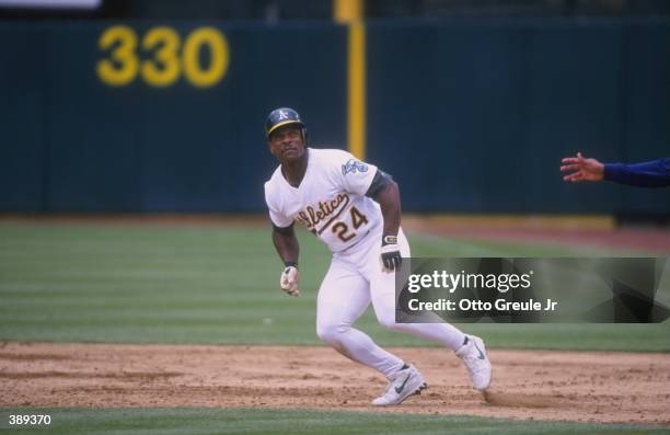 Outfielder Rickey Henderson of the Oakland Athletics in action during a game against the Detroit Tigers at the Oakland Coliseum in Oakland,...