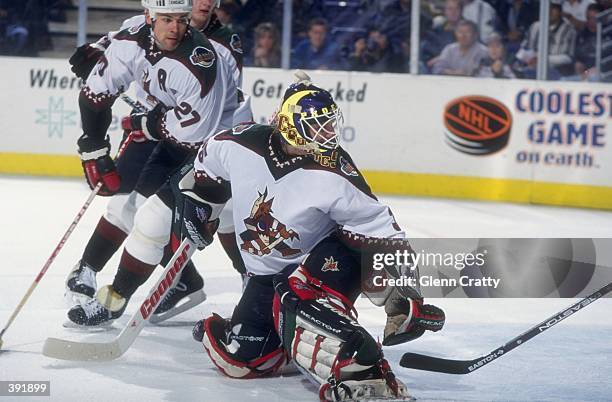 Center Teppo Numminen and goaltender Nikolai Khabibulin of the Phoenix Coyotes in action during a game against the Toronto Maple Leafs at the America...
