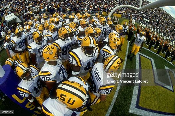 General view as members of the LSU Fighting Tigers prepare to enter the field prior to the game against the Alabama Crimson Tide at the Tiger Stadium...