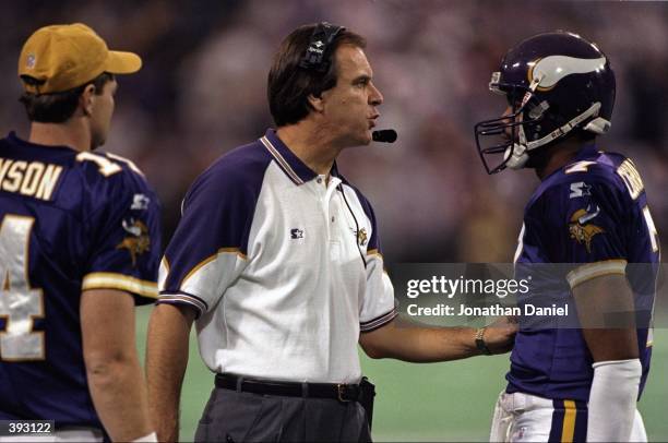 Head Coach Brian Billick of the Minnesota Vikings in action during the NFC Championship Game against the Atlanta Falcons at the H. H. H. Metrodome in...