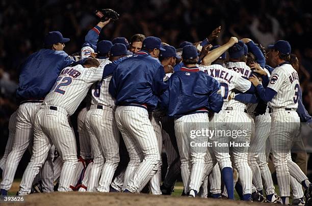 General view of the Chicago Cubs celebrating following a playoff game against the San Francisco Giants to determine the National League Wild Card...