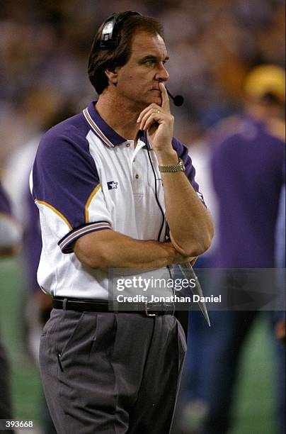 Head Coach Brian Billick of the Minnesota Vikings in action during the NFC Championship Game against the Atlanta Falcons at the H. H. H. Metrodome in...