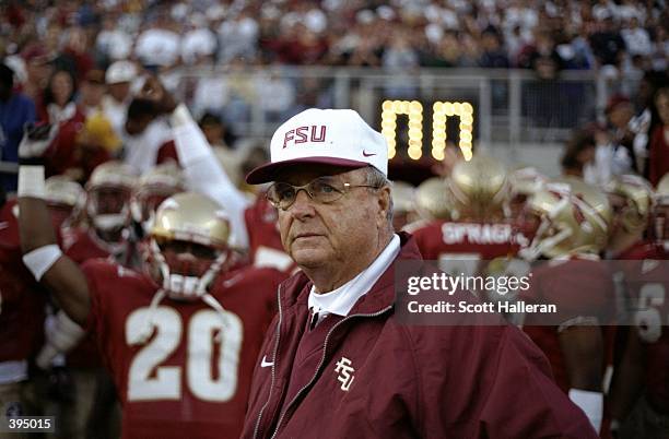 Head coach Bobby Bowden of the Florida State Seminoles looks on as players celebrate during the game against the Virginia Cavaliers at the Doak...