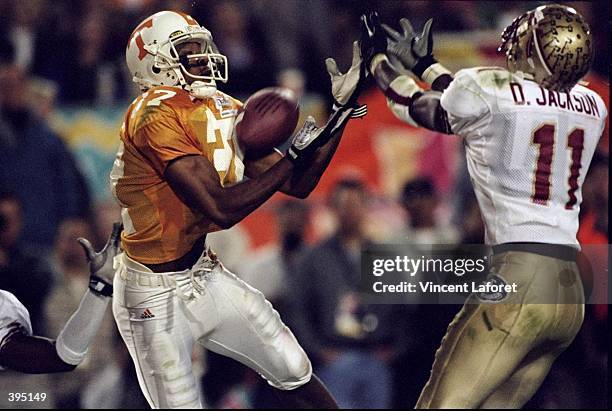 Peerless Price of the Tennesse Volunteers makes interception during the Fiesta Bowl Game against the Florida State Seminoles at the Sun Devil Stadium...