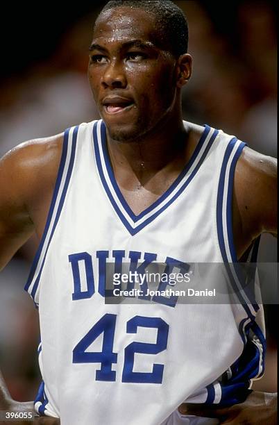 Forward Elton Brand of Duke Blue Devils looks on during the Great Eight Classic against the Michigan State Spartans at the United Center in Chicago,...