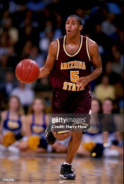 Eddie House of the Arizona State Sun Devils dribbles during the game against the UCLA Bruins at the Pauley Pavillion in Westwood, California. The...