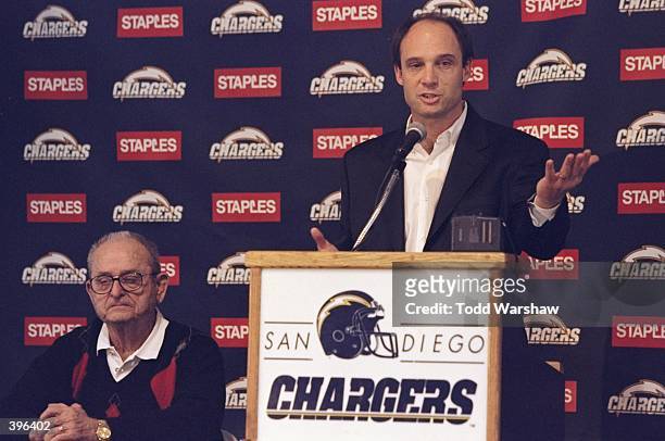 Mike Reilly speaking about becoming the New Head Coach of the San Diego Chargers while the Owner Alex Spanos sits next to him during the Chargers...