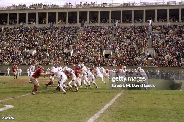 General view of the game between the Harvard Crimson and the Yale Bulldogs at the Harvard Stadium in Cambridge, Massachusetts. The Bulldogs defeated...