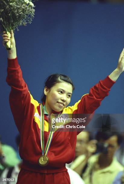 Yaping Deng of China celebrates after winning the gold medal in the Women''s Table Tennis event at the 1992 Olympic Games in Barcelona, Spain....
