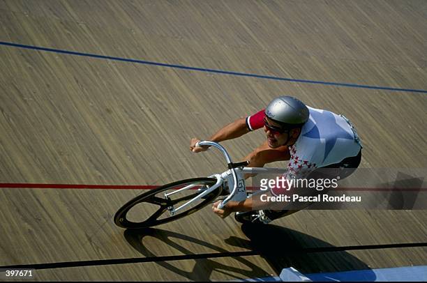 William Clay of the USA riding in the Men''s 200M Sprint Flying Time Trial during the 1996 Olympic Games in the Stone Mountain Velodrome in Atlanta,...