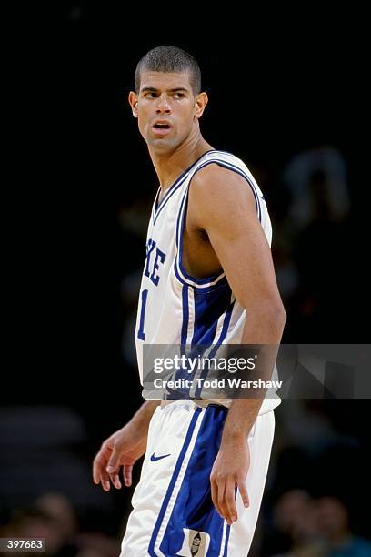 Shane Battier of the Duke Blue Devils in action during the Carrs Great Alaska Shootout Game against the Cincinnati Bearcats at the Sullivan Arena in...