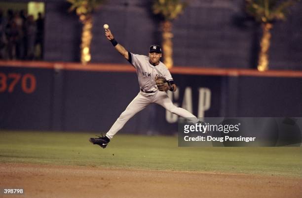 Infielder Derek Jeter of the New York Yankees in action during the 1998 World Series Game 4 against the San Diego Padres at the Qualcomm Stadium in...