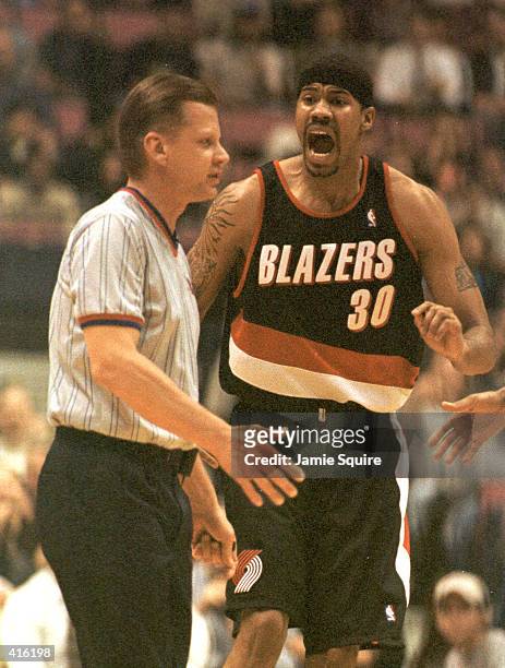Rasheed Wallace of the Portland Trail Blazers argues with the referee after being called for a technical foul during their game against the new...