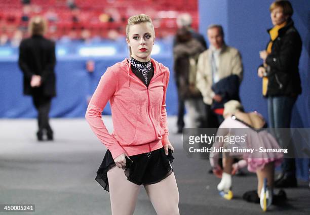 Ashley Wagner of USA backstage before her performance during day one of Trophee Eric Bompard ISU Grand Prix of Figure Skating 2013/2014 at the Palais...