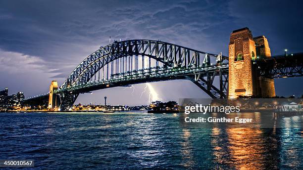 sydney harbour bridge with lightning - sydney harbour bridge night stock pictures, royalty-free photos & images