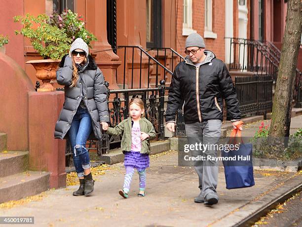 Matthew Broderick, Sarah Jessica Parker and Tabitha Broderick as seen in Soho on November 15, 2013 in New York City.