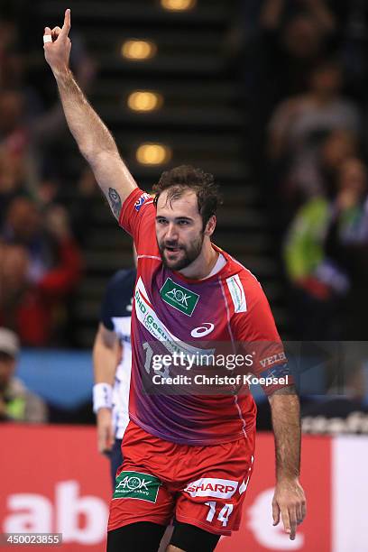 Joan Canellas Reixach of Hamburg celebrates during the VELUX EHF Handball Champions League group D match between HSV Hamburg and SG...