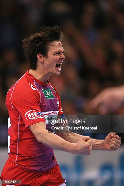 Hans Lindberg of Hamburg celebrates a goal during the VELUX EHF Handball Champions League group D match between HSV Hamburg and SG...