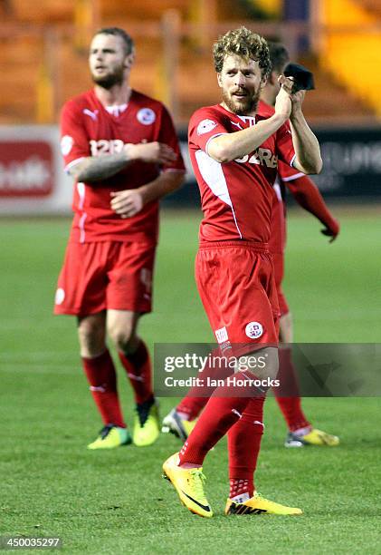 Crawley goal scorer Billy Clarke celebrates on the final whistle during the Sky Bet League one match between Carlisle United and Crawley Town at...