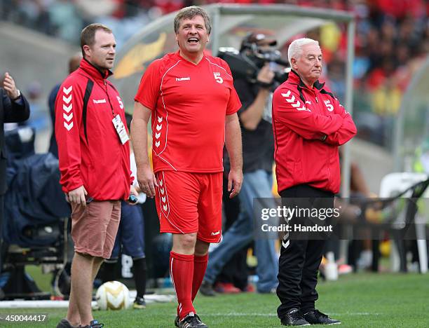 In this handout image provided by the ITM Group, Jan Molby of Liverpool Legends during the Legends match between Liverpool FC Legends and Kaizer...