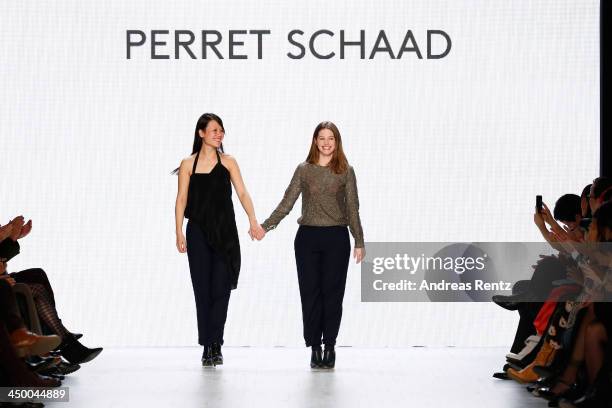Designers Johanna Perret and Tutia Schaad on the runway after the Perret Schaad show during Mercedes-Benz Fashion Days Zurich 2013 on November 16,...