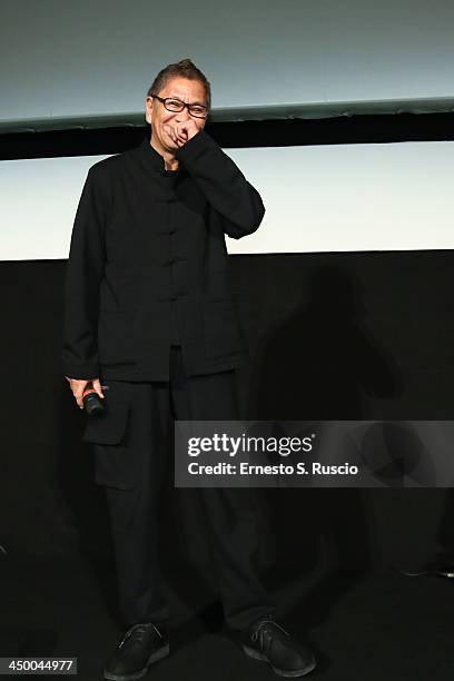 Takashi Miike meets the audience during the 8th Rome Film Festival at the Auditorium Parco Della Musica on November 16, 2013 in Rome, Italy.