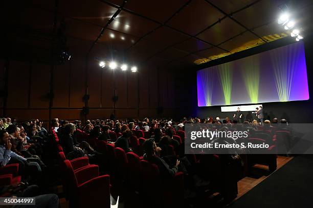 Takashi Miike meets the audience during the 8th Rome Film Festival at the Auditorium Parco Della Musica on November 16, 2013 in Rome, Italy.