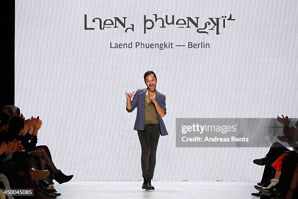 Designer Laend Phungkit on the runway after the Laend Phungkit show during Mercedes-Benz Fashion Days Zurich 2013 on November 16, 2013 in Zurich,...