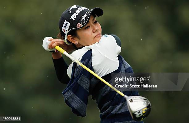 Ai Miyazato of Japan hits her tee shot on the third hole during the third round of the Lorena Ochoa Invitational Presented by Banamex at the...