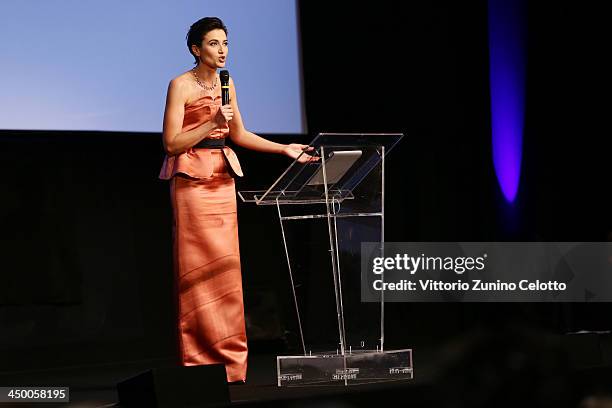 Host Anna Foglietta speaks at the Official Award Ceremony during the 8th Rome Film Festival at the Auditorium Parco Della Musica on November 16, 2013...