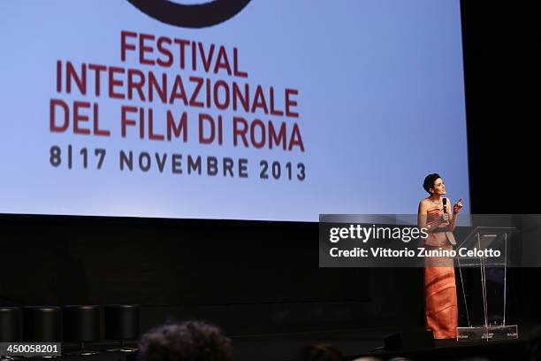 Host Anna Foglietta speaks at the Official Award Ceremony during the 8th Rome Film Festival at the Auditorium Parco Della Musica on November 16, 2013...