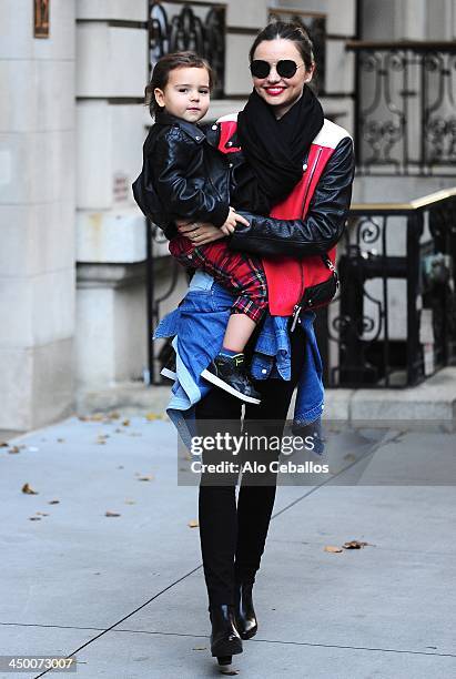 Miranda Kerr and Flynn Bloom are seen in Midtown on November 16, 2013 in New York City.