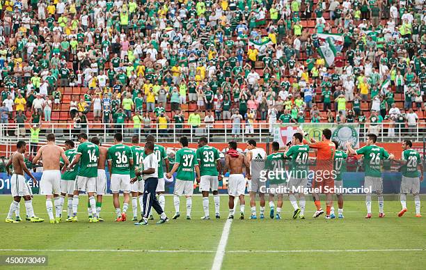 Players of Palmeiras celebrate after the match between Palmeiras and Boa Esporte for the Brazilian Championship Series B 2013 at Pacaembu Stadium on...