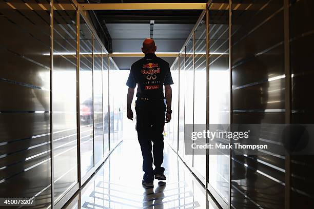 Infiniti Red Bull Racing Chief Technical Officer Adrian Newey walks out the back of his team garage following qualifying for the United States...