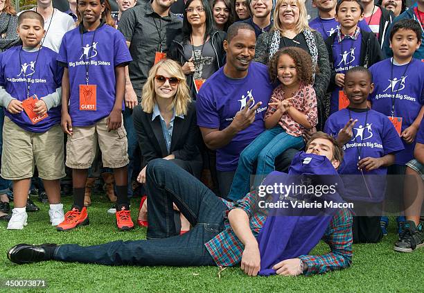 Actors Emma Stone, Jamie Foxx and Andrew Garfield pose at "The Amazing Spiderman 2" Los Angeles Photo Call at Sony Pictures Studios on November 16,...