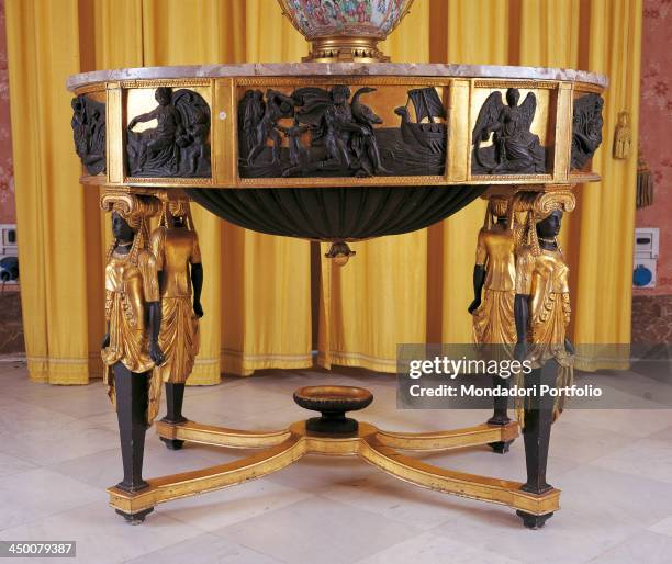 Table , by Sicilian Manufacture, 1810 - 1820, 19th Century, carved, painted and gilded wood, marble top, 93 x 107 x 81 cm.