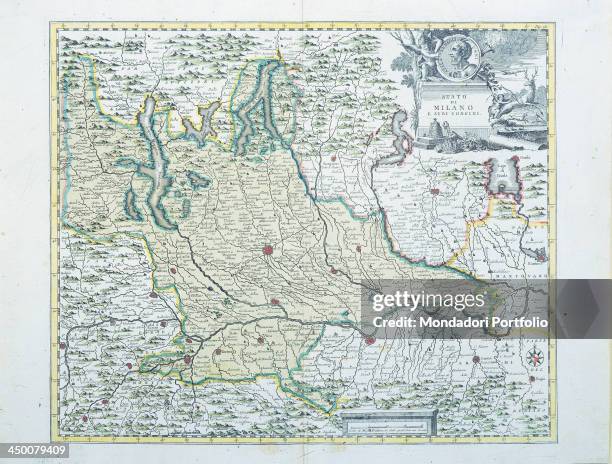 Map of the Duchy of Mantua , by Guillame De Lisle and Giovanni Antonio Magini 18th Century, watercolour etching, 329 x 426 mm.