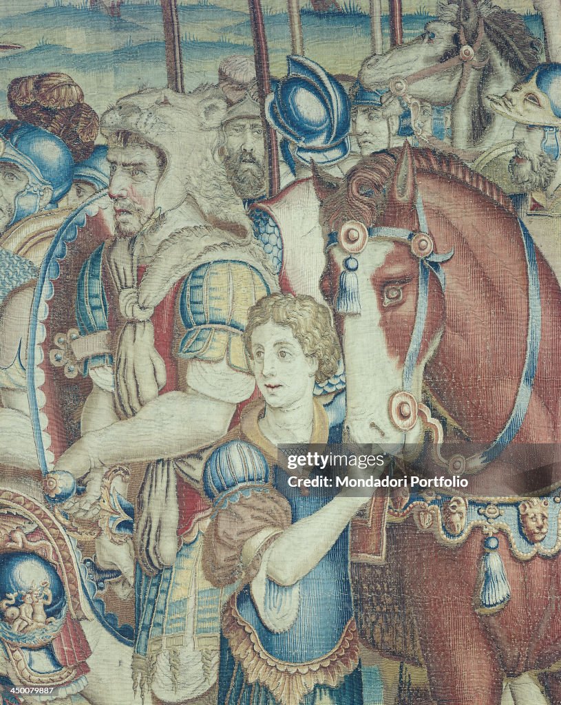 Italy, Tuscany, Florence, Stibbert Museum. Detail. Hannibal, wearing a lion skin in head, puts his hand to the hilt of the sword, among his soldier and his ostler, before the talk with Scipio.