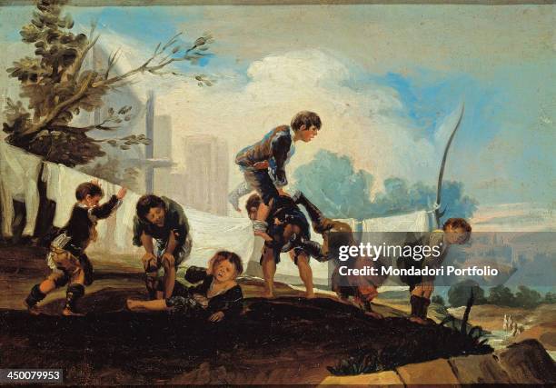 Children's Games. Boys playing leapfrog , by Francisco Goya y Lucientes 18th Century, oil on canvas, 29 x 41 cm.