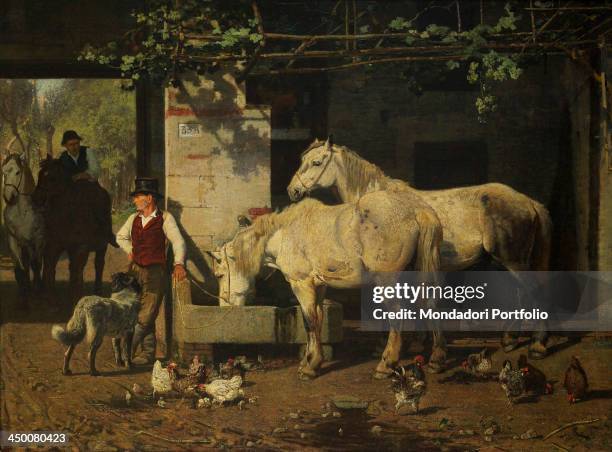 Animals at the watering place , by Luigi Chialiva 19th Century, oil on canvas, 84 x 120 cm.