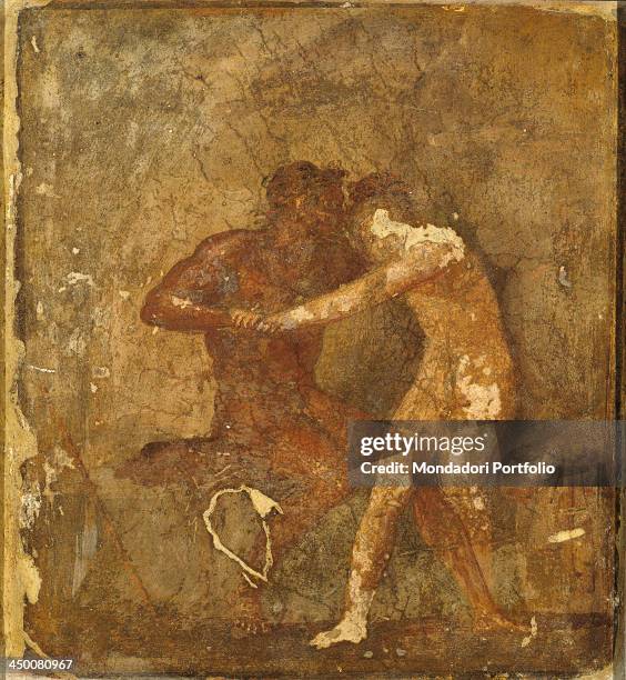 Fauno is trying to attract a young boy - or Hermaphrodite , 1st Century, fresco on wall.