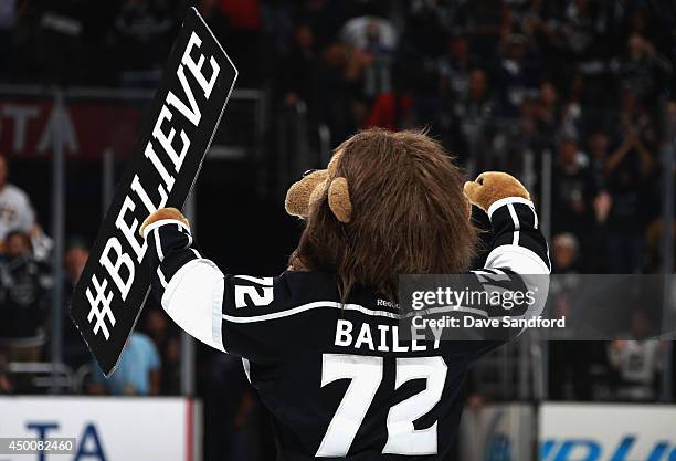 Mascot Bailey of the Los Angeles Kings celebrates the overtime win over the New York Rangers in Game One of the 2014 Stanley Cup Final at Staples...