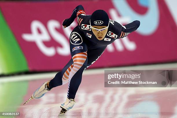 Sang-Hwa Lee of South Korea skates in the ladies 500 meter 2nd race during the Essent ISU Long Track World Cup at the Utah Olympic Oval on November...