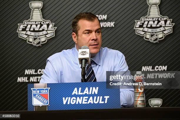 Head coach Alain Vigneault of the New York Rangers answers questions from the media following his team's loss to the Los Angeles Kings in Game One of...