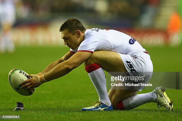 Kevin Sinfield of England lines up the ball ahead of a conversion attempt during the Rugby League World Cup Quarter Final match between England and...